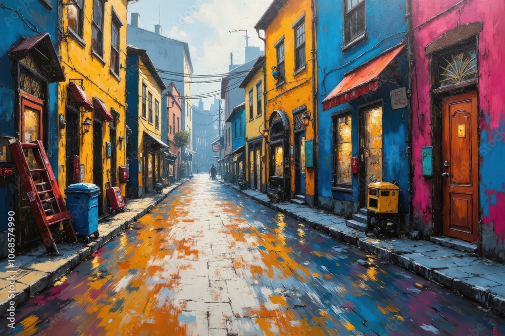 Fototapeta premium Vibrant Cityscape: Colorful Alleyway in Rainy Day, Perfect for Wall Art or Home Decor