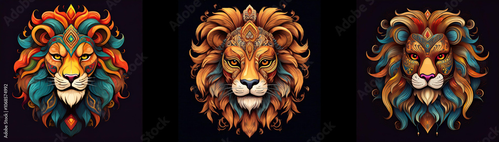 Three lion heads with intricate patterns in their manes. Three lion heads with intricate patterns in their manes.