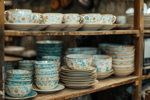 Various stacks of teacups, saucers, and bowls with floral patterns, creating a charming display of vintage or antique chinaware in a shop photo