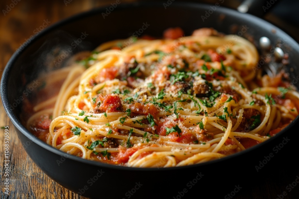 Delicious spaghetti with tomato sauce, meat and parsley steaming in a pan, perfect for a comforting italian meal Delicious spaghetti with tomato sauce, meat and parsley steaming in a pan, perfect for a comforting italian meal