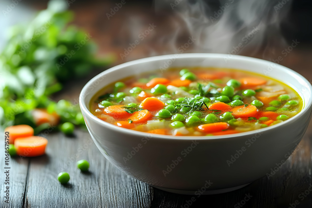Photo - Steaming Vegetable Soup with Carrots and Peas Photo - Steaming Vegetable Soup with Carrots and Peas