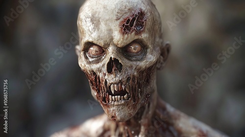 Close-up of a decaying zombie with exposed teeth and blood.