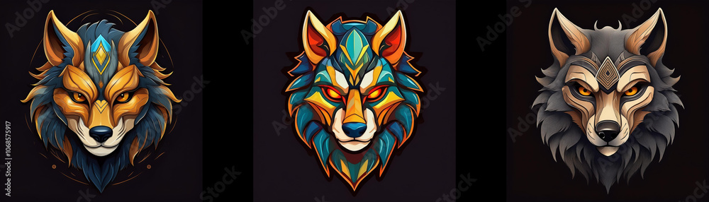 Three wolf heads with different colored fur, eyes, and markings. Three wolf heads with different colored fur, eyes, and markings.