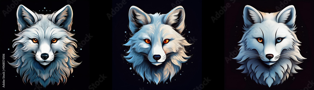 Obraz premium Three white foxes are depicted against a dark background with their eyes open, staring straight ahead.