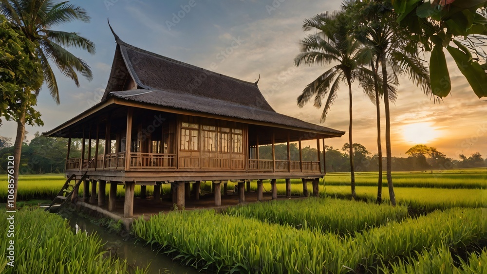Traditional Thai House on Stilts in Rice Paddy Field at Sunset Traditional Thai House on Stilts in Rice Paddy Field at Sunset