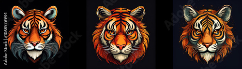 Three tiger head illustrations with varying color palettes and details. photo