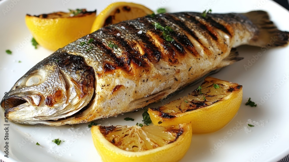 Beautifully Grilled Fish with Lemon Garnish Beautifully Grilled Fish with Lemon Garnish