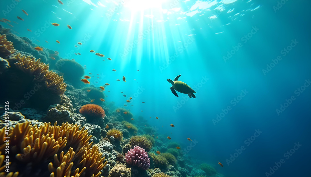 Naklejka premium Scuba Diving Tortoise Turtle in a Tropical Ocean Diver Exploring Coral Reefs Snorkeling with Fish