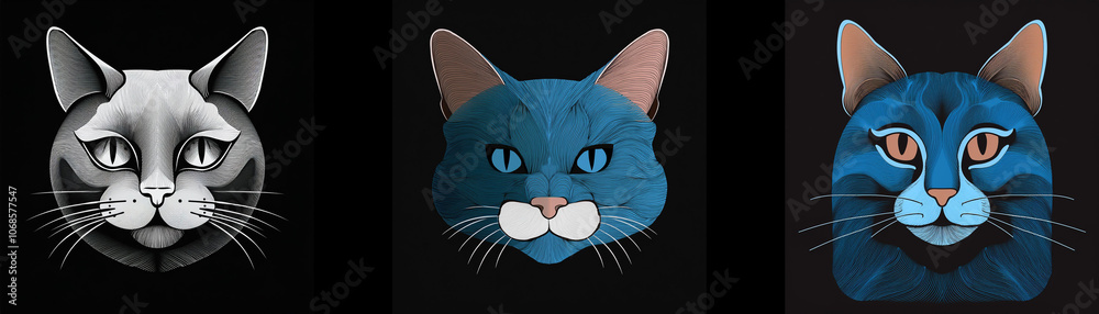 Three cat faces are shown, one in grayscale, and two in blue and dark blue hues. Three cat faces are shown, one in grayscale, and two in blue and dark blue hues.