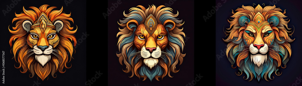 Three lion heads with ornate manes in different colors. The lions are facing forward and have a serious expression. Three lion heads with ornate manes in different colors. The lions are facing forward and have a serious expression.