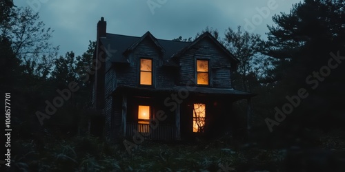 Creepy Old House with Flickering Lights at Dusk