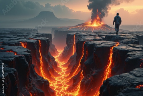 Volcanic Adventure: Man Walking on Lava, Exploring Nature's Fury, Perfect for Wall Art or Posters photo