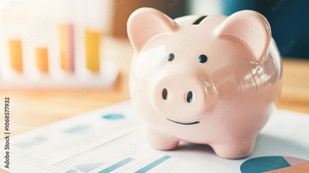 A pink piggy bank sits on a table with a bunch of graphs A pink piggy bank sits on a table with a bunch of graphs