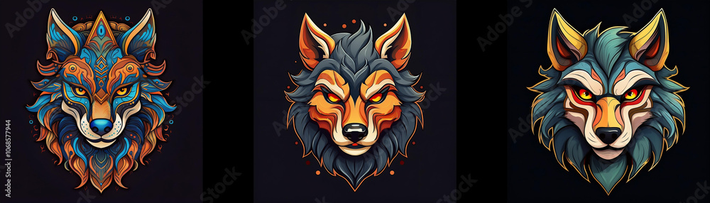 Three colorful stylized wolf heads with intricate designs. Three colorful stylized wolf heads with intricate designs.