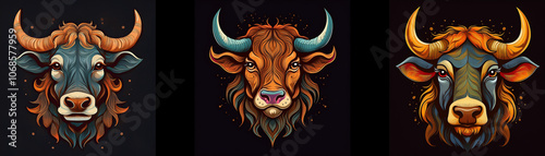 Three colorful bull heads with different colored horns, manes, and eyes are depicted against a black background.