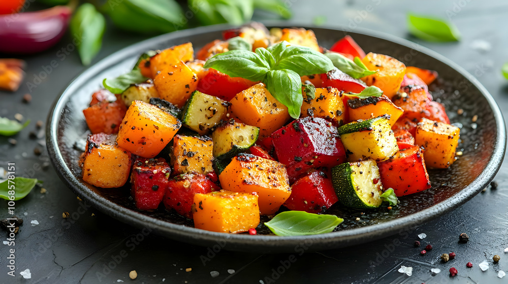 Photo Roasted Pumpkin, Zucchini, and Bell Pepper Salad with Basil Photo Roasted Pumpkin, Zucchini, and Bell Pepper Salad with Basil