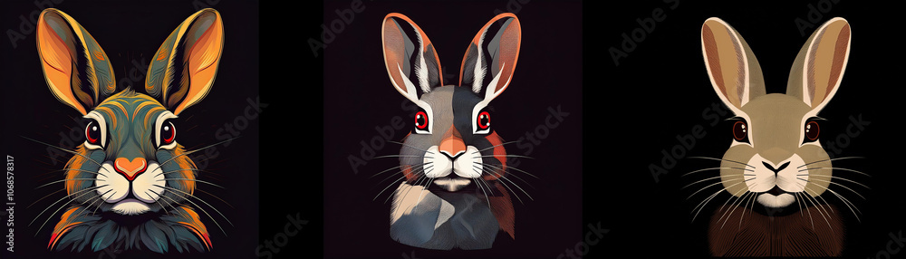 Fototapeta premium Three rabbit illustrations in various colors with a dark background