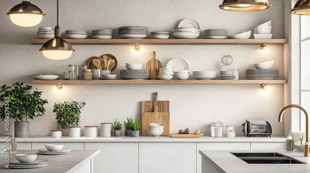 Modern kitchen interior with white cabinets, wooden shelves, and a white countertop. Modern kitchen interior with white cabinets, wooden shelves, and a white countertop.