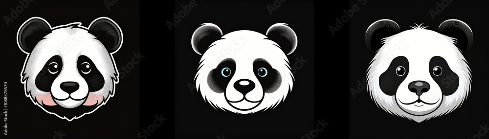Fototapeta premium Three panda bear faces are depicted against a black background. The pandas have black eyes, ears, and markings around their eyes.