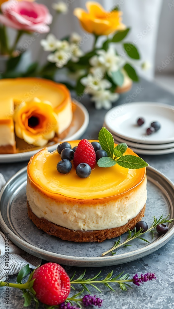 Delicious Cheesecake Topped with Vibrant Red Strawberries and berries Delicious Cheesecake Topped with Vibrant Red Strawberries and berries