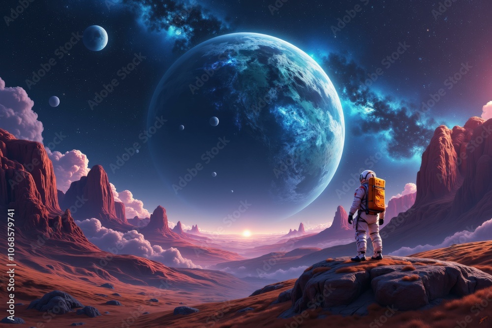 Astronaut Gazing at a Celestial Planet in a Stunning Space Landscape, Perfect for Sci-Fi Art and Space Enthusiasts Astronaut Gazing at a Celestial Planet in a Stunning Space Landscape, Perfect for Sci-Fi Art and Space Enthusiasts
