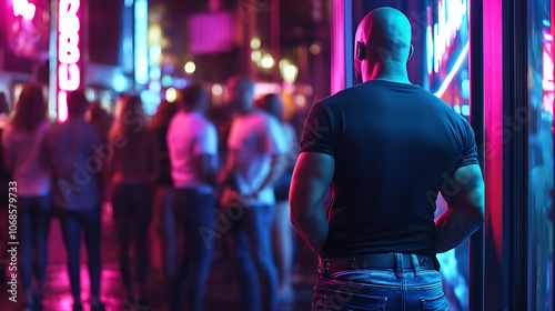 Bouncer: A tough-looking bouncer in a black T-shirt and jeans stands outside a popular club, arms crossed, watching patrons line up at the door. The neon lights and crowd create a vibrant nightlife at
