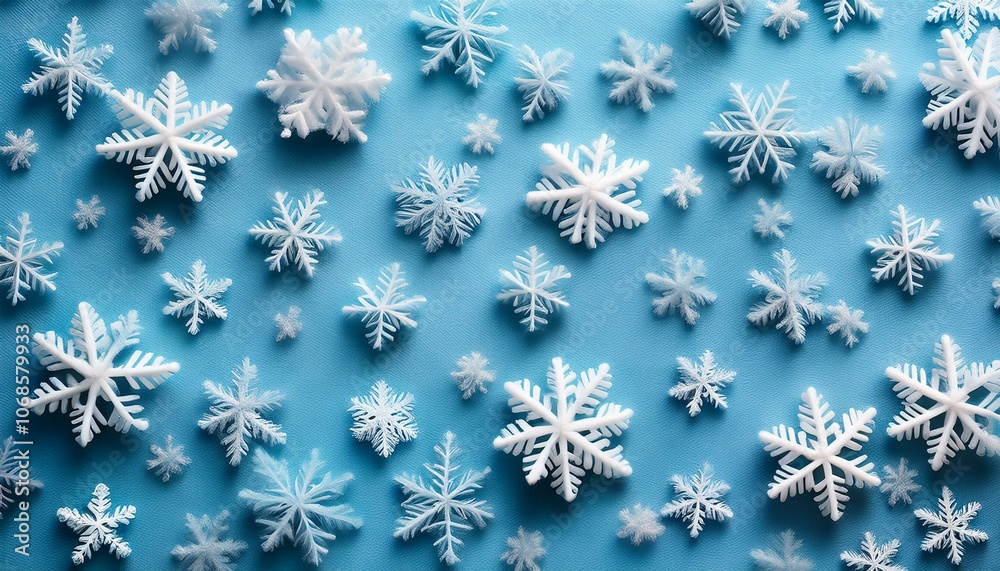 冬の透明感あふれる淡いブルーフェルトと雪の結晶飾りのディスプレイ 冬の透明感あふれる淡いブルーフェルトと雪の結晶飾りのディスプレイ