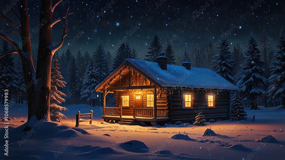 Fototapeta premium Cozy Winter Cabin Under Starry Night Sky