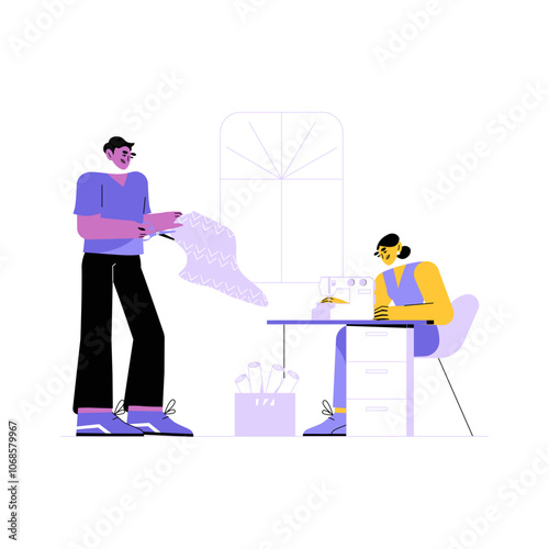 Tailor And Seamstress Working Together In Flat Vector Illustration Symbolizing Fashion Design, Craftsmanship, And Creativity, Isolated On White Background