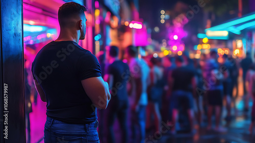 Bouncer: A tough-looking bouncer in a black T-shirt and jeans stands outside a popular club, arms crossed, watching patrons line up at the door. The neon lights and crowd create a vibrant nightlife at