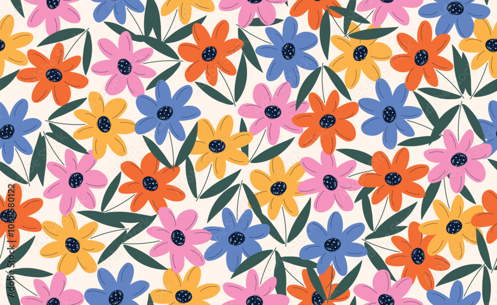 Fototapeta premium Wildflowers flower vector seamless pattern. Floral background with hand drawn field spring daisy. Modern Abstract Botanical contemporary retro pattern. Fashionable 60s - 70s template.
