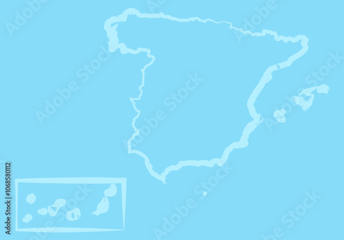 Trazado de la silueta del mapa del territorio español. Mapa de España, Canarias y Baleares en trazo azul claro sobre fondo azul