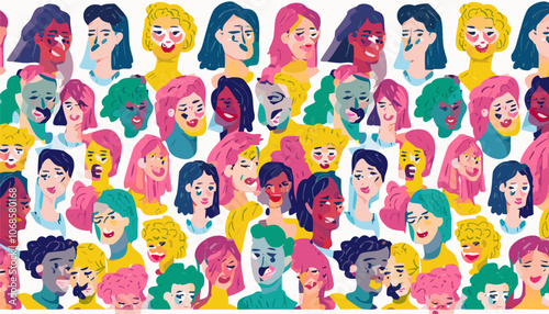 Seamless pattern with hand drawn face of different women. Vector illustration.