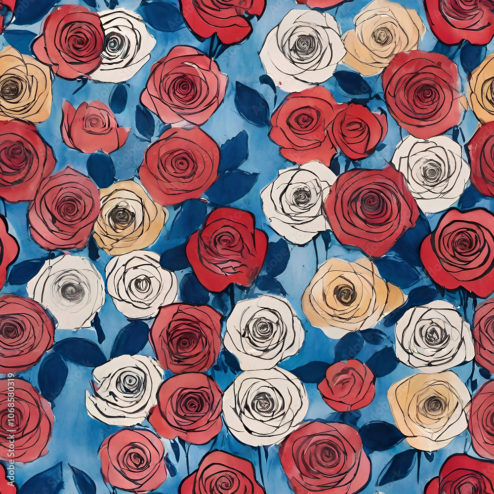 vibrant botanical ıllustration of multicolored roses on blue background vibrant botanical ıllustration of multicolored roses on blue background