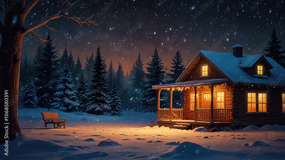 Fototapeta premium Cozy Cabin in Winter Under Starry Night Sky