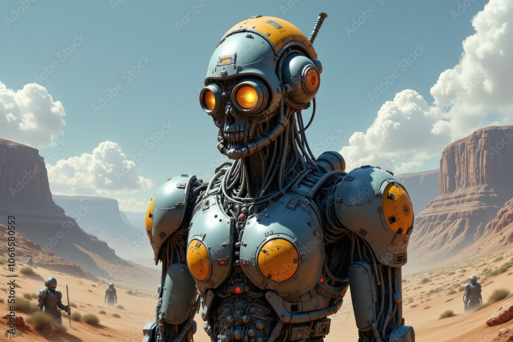 Cybernetic Warrior in Desert Landscape: A Futuristic Robot in Action, Perfect for Sci-Fi Art and Gaming Cybernetic Warrior in Desert Landscape: A Futuristic Robot in Action, Perfect for Sci-Fi Art and Gaming