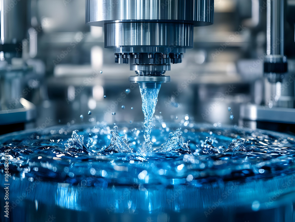 Photo Water Splashing from Industrial Machine into Tank Photo Water Splashing from Industrial Machine into Tank