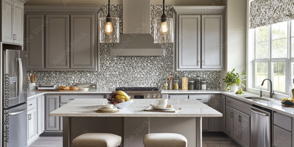 Modern Kitchen with Island, Stainless Steel Appliances, and Gray Cabinets Modern Kitchen with Island, Stainless Steel Appliances, and Gray Cabinets