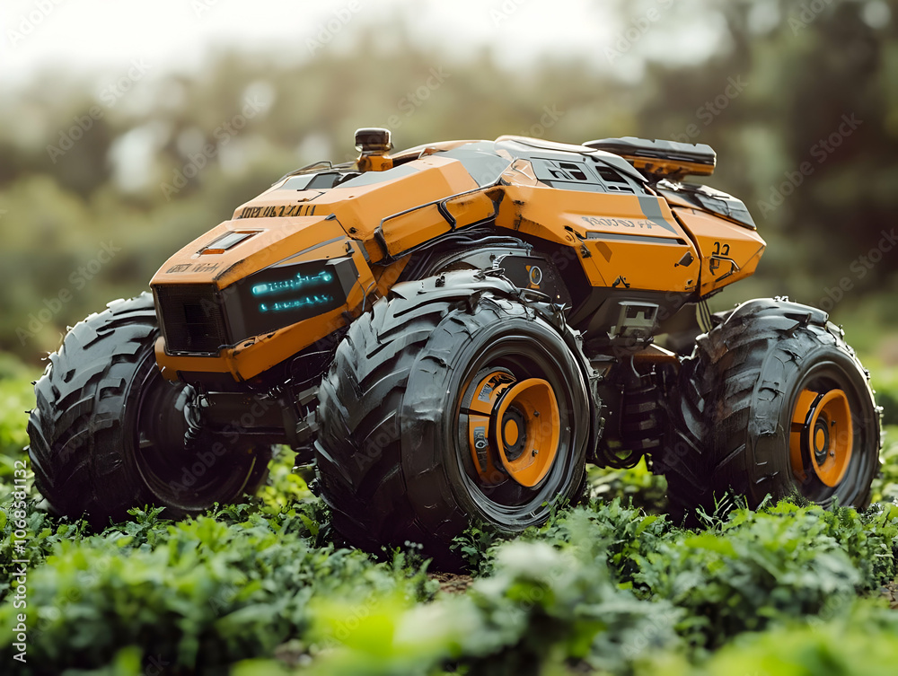 Obraz premium 3D Illustration - Futuristic Orange Rover Exploring Lush Green Field