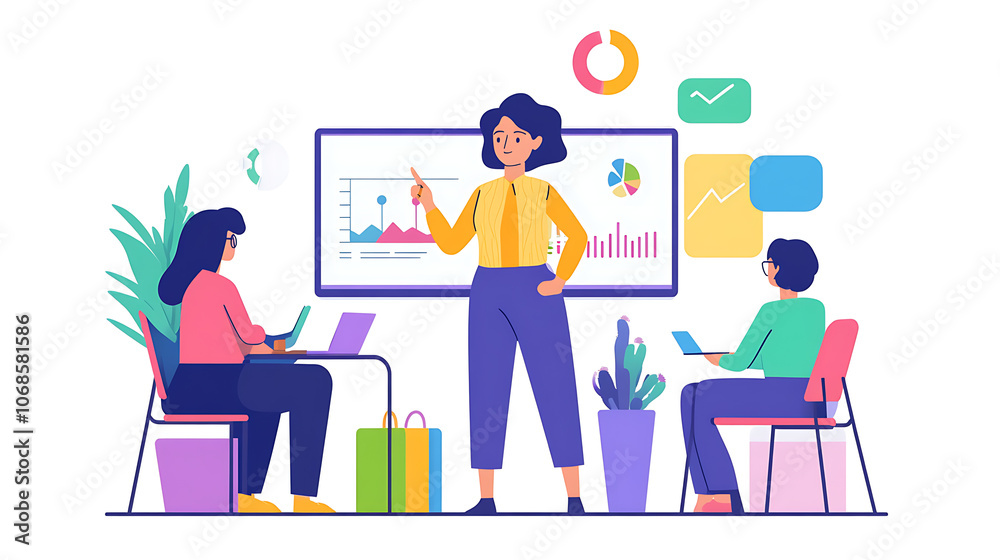 A woman in a casual business outfit pointing at a digital chart on a smartboard while coworkers take notes and ask questions A woman in a casual business outfit pointing at a digital chart on a smartboard while coworkers take notes and ask questions