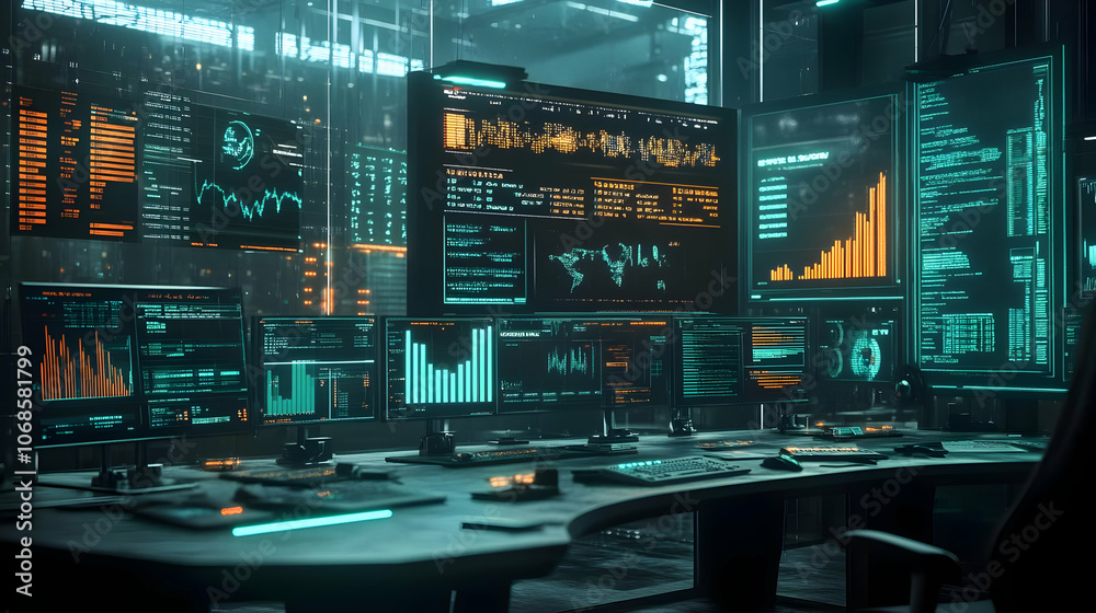 3D Illustration Futuristic Data Center Monitoring Analytics Charts Code 3D Illustration Futuristic Data Center Monitoring Analytics Charts Code