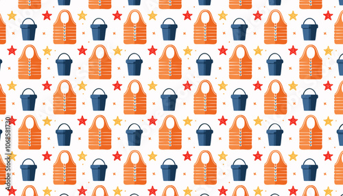 Seamless pattern with life jackets, buckets and starfish. Vector illustration.