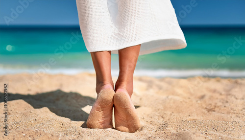 Jeune femme qui marche sur une plage de sable, mer et vague, concept vacances d'été