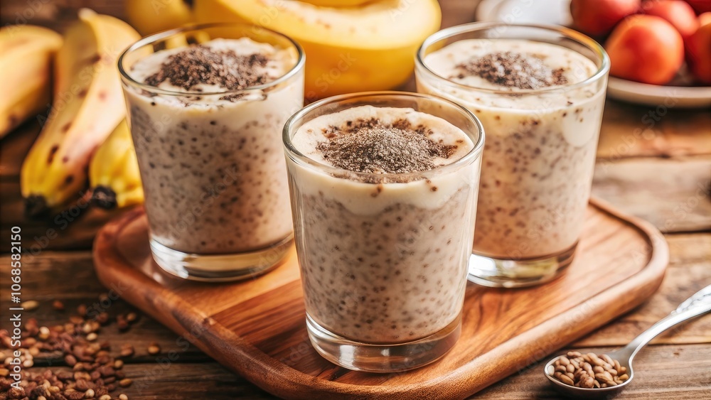 Creamy Banana Smoothie with Chia Seeds in Glass Cups Creamy Banana Smoothie with Chia Seeds in Glass Cups