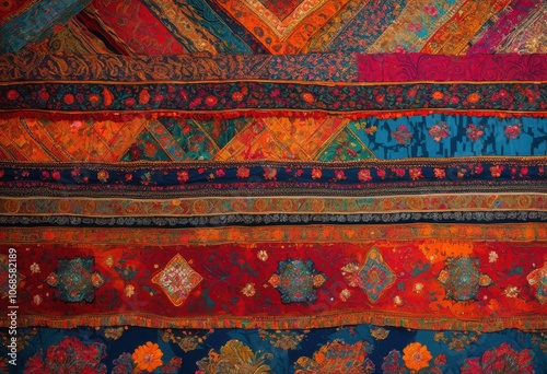 close view unique vibrant fabric patterns showcasing intricate textures rich colors, artwork, textile, weaving, design, stitching, thread, loom, material