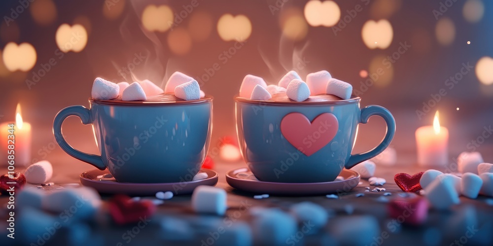 A cozy scene of two cups of hot chocolate with heart-shaped marshmallows, ideal for a warm Valentine's Day wallpaper. A cozy scene of two cups of hot chocolate with heart-shaped marshmallows, ideal for a warm Valentine's Day wallpaper.