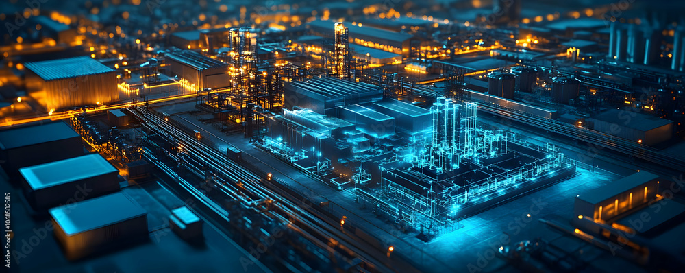 3D Illustration Industrial Plant Night Technology Manufacturing Refinery Engineering 3D Illustration Industrial Plant Night Technology Manufacturing Refinery Engineering