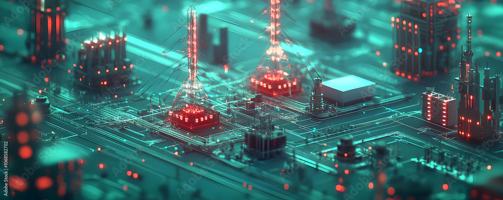 Fototapeta premium 3D Illustration - Futuristic Cityscape Circuit Board Technology