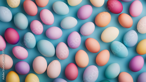 Colorful Pastel Easter Eggs on Blue Background