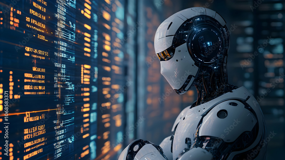 3D Illustration - AI Robot Examining Server Data Stream 3D Illustration - AI Robot Examining Server Data Stream